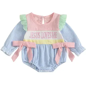 PYBCVRRD Newborn Baby Girl Outfit Jesus Loves Me Smocked Romper Long Sleeve Striped Bow Onesie Bodysuit Fall Clothes