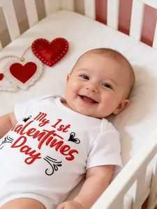 Valentine's Day Newborn Baby Unisex Cute Romper  Cartoon Print Round Neck Short Sleeve  Fitted Above the Knee