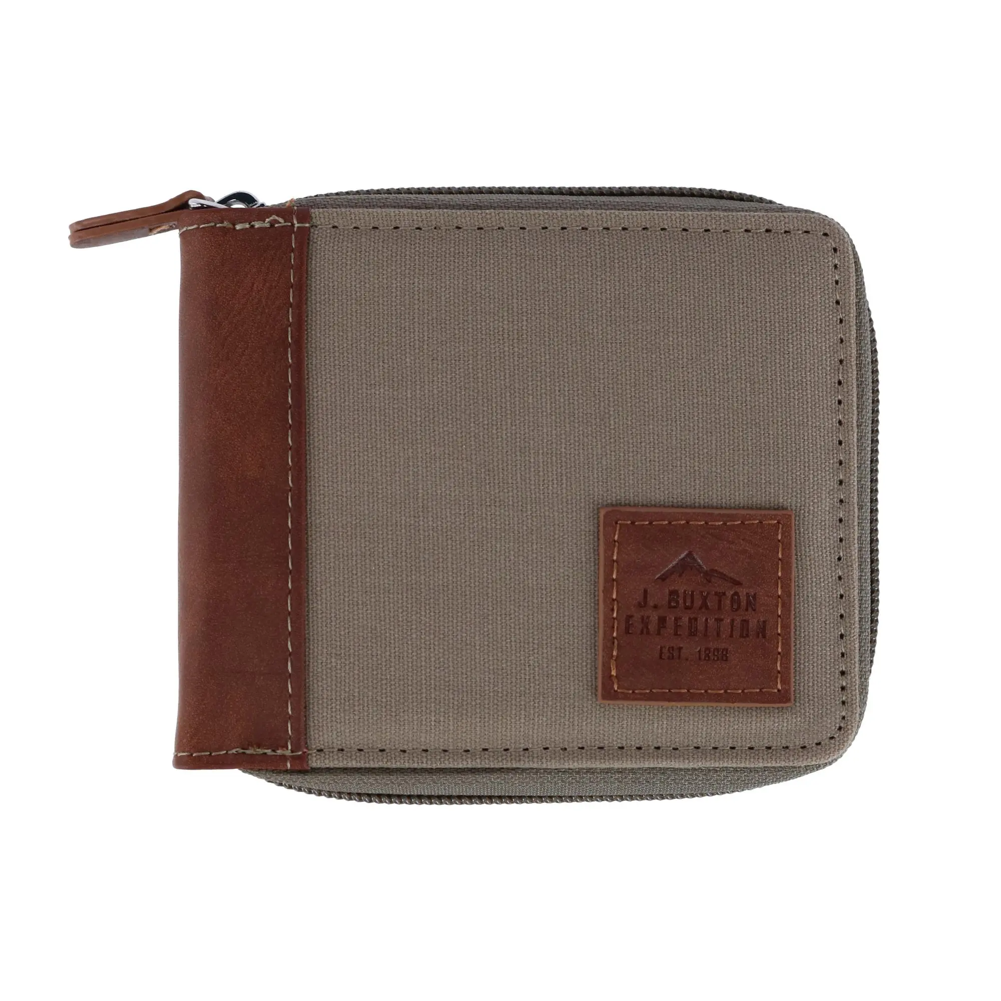 Buxton Men's RFID Blocking Canvas and Leather Zip-Around Wallet with 3 Card Slots, Expedition Logo - Everyday Bags for Everyday Use