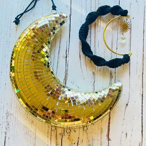 Disco Ball Moon Mooncatcher Gift Idea Witchy Vibes Gold Mosaic Crescent Moon Pendant with Black Macrame Cord