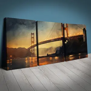 Set of 3 Wooden Framed Canvas Posters, Golden Gate Bridge Sunset Landscape Art, Coastal Decor, Modern Wall Art for Living Room & Office