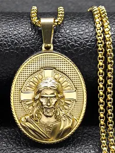 Religious Jesus Christ Crucifix Cross Medal Pendant Necklace for Women Men Stainless Steel Gold Color Faith Geometric Cross Design