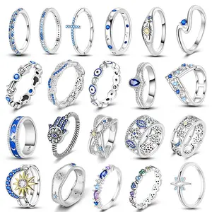 Blue Eyes Wedding Ring For Women 925 Original Silver Zircon Hand of Fatima Star Wishbone Ring Rings Anniversary Jewelry Gift