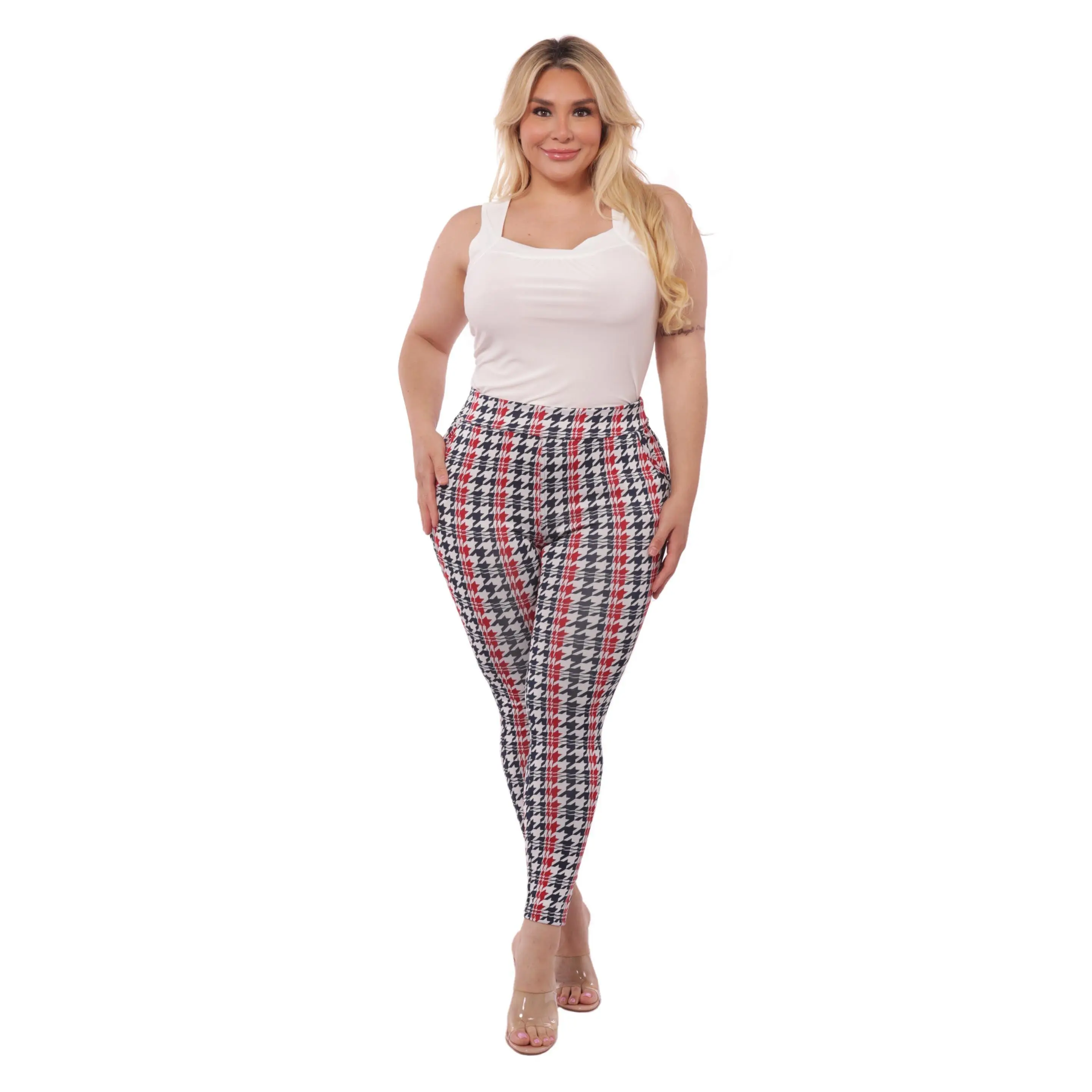 Plus Size Tummy Control Sculpting Treggings - Red, Black, White, Houndstooth