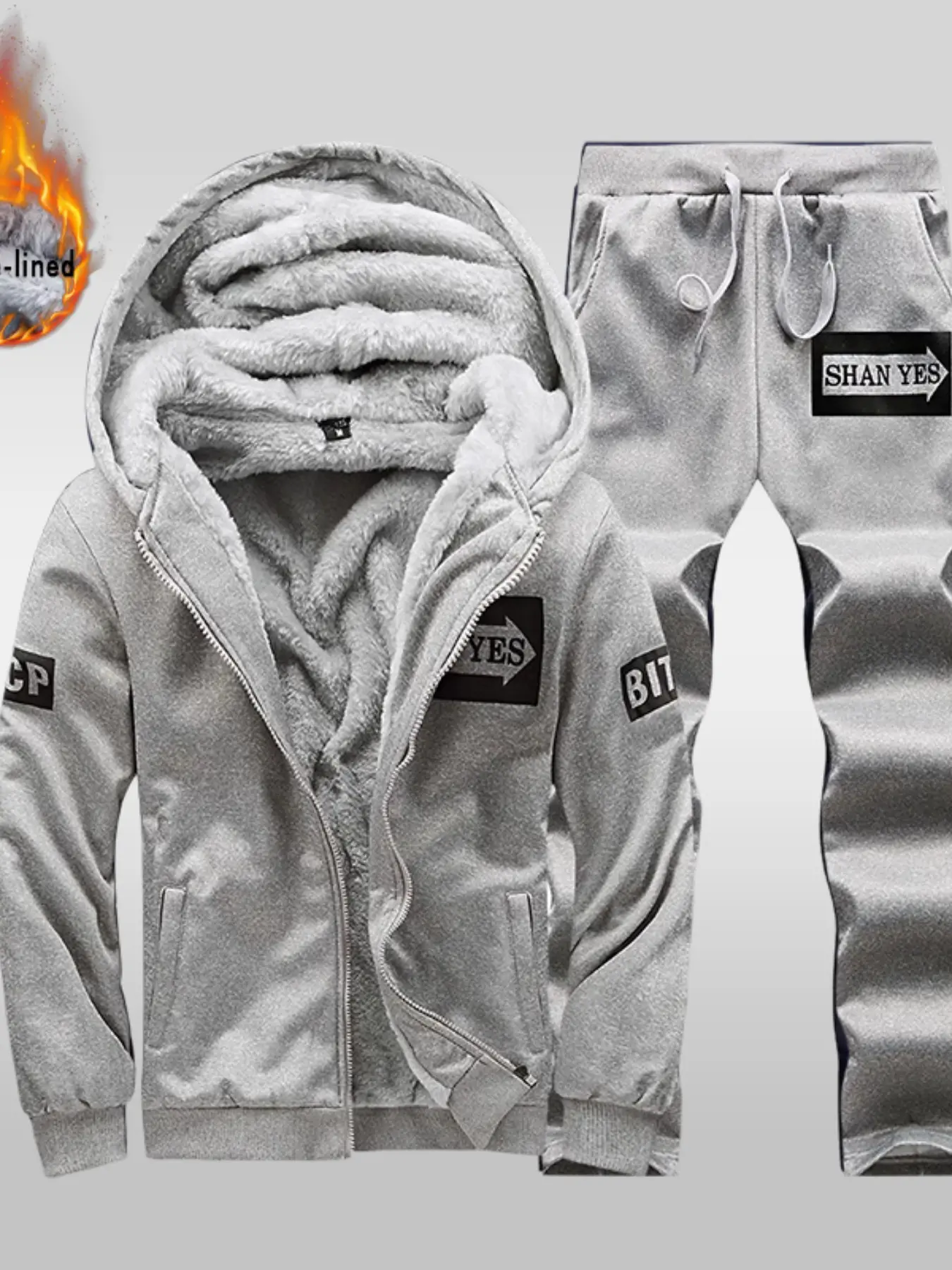 Men's Winter Thick Warm Hooded Sweater and Long Pants Set, Thermal Lined Tracksuit, Long Sleeve Outdoor Sports Casual Jacket, Comfortable and Stylish
