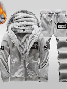 Men's Winter Thick Warm Hooded Sweater and Long Pants Set, Thermal Lined Tracksuit, Long Sleeve Outdoor Sports Casual Jacket, Comfortable and Stylish