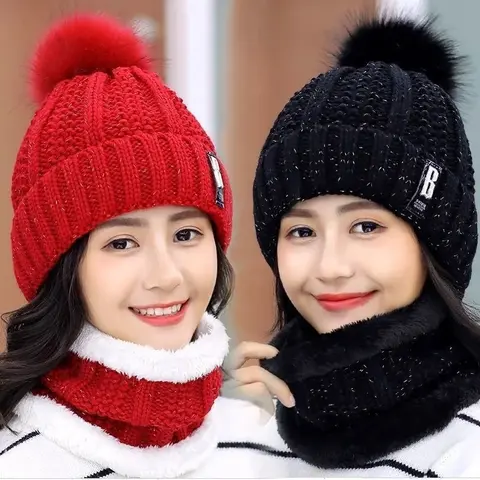 Spring Winter Female Hat Set Warm Beanies and Scarves for Women Comfortable Soft Material Solid Yarn Fashionable Trendy Style
