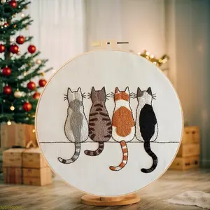 Christmas Cat Embroidery Kit DIY Stitching Materials Set English Guide for Handmade Sewing Project Cute Holiday Themed Craft for Beginners