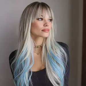 SMILCO/26Inch Highlight Blue with Platinum Long Curly with Bangs Synthetic Wig/SM502