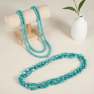2 Pcs Turquoise Long Endless Beaded Necklace for Women, 47.5 Inch Hand-Knotted Round & Nugget Stone Strand Jewelry, Layering Wrap Necklace Set for Boho Chic Style, Versatile Statement Accessories