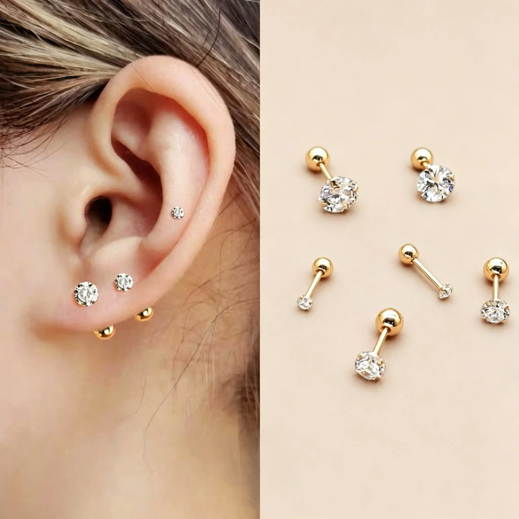 Women's 3-Pair Cubic Zirconia Stud Earrings Accessories, Hypoallergenic Screw-Back Design for Upper Ear Helix/Cartilage, Lightweight for Daily Wear & Sleeping