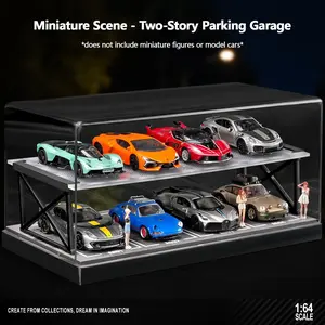 1:64 Two-Story Parking Garage Diorama with Clear Acrylic Dust Cover, Simulated Parking Lot Display Case Fits 8 1:64 Diecast Cars, Anti-Dust Storage Showcase for Hot Wheels Matchbox Collectors, Desktop Decoration Ideal Gift for Car Model Hobbyists