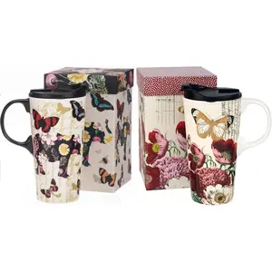 Ceramic Travel Mug 17 oz. Coffee Latte Cup with Sealed Lid and  Box,  for Coffee and , 2 pack
