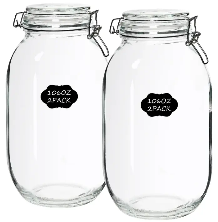 Glass Food Storage Jars 106oz with Airtight Clamp Lids - 2 Pack for Flour, Cereal, Coffee, Pasta & Canning Containers Kitchen