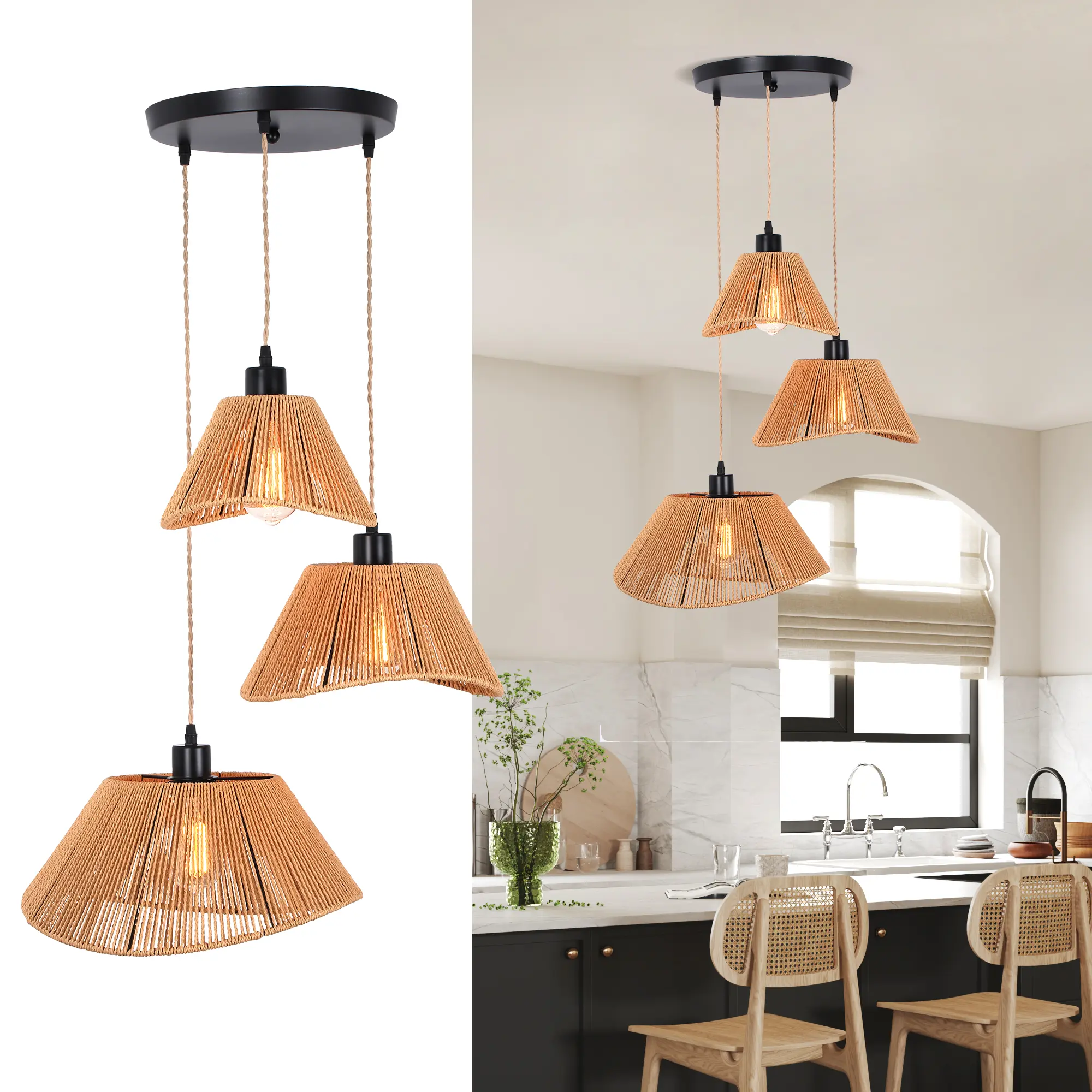 Garwarm Rattan Pendant Light Boho Hanging Light,3-Lights Handmade Pendant Light Fixture Adjustable Farmhouse Twine Shade Chandelier for Living Dining Room Kitchen Bar coffee Foyer Hallway