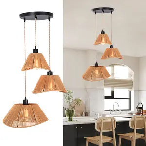 Garwarm Rattan Pendant Light Boho Hanging Light,3-Lights Handmade Pendant Light Fixture Adjustable Farmhouse Twine Shade Chandelier for Living Dining Room Kitchen Bar coffee Foyer Hallway