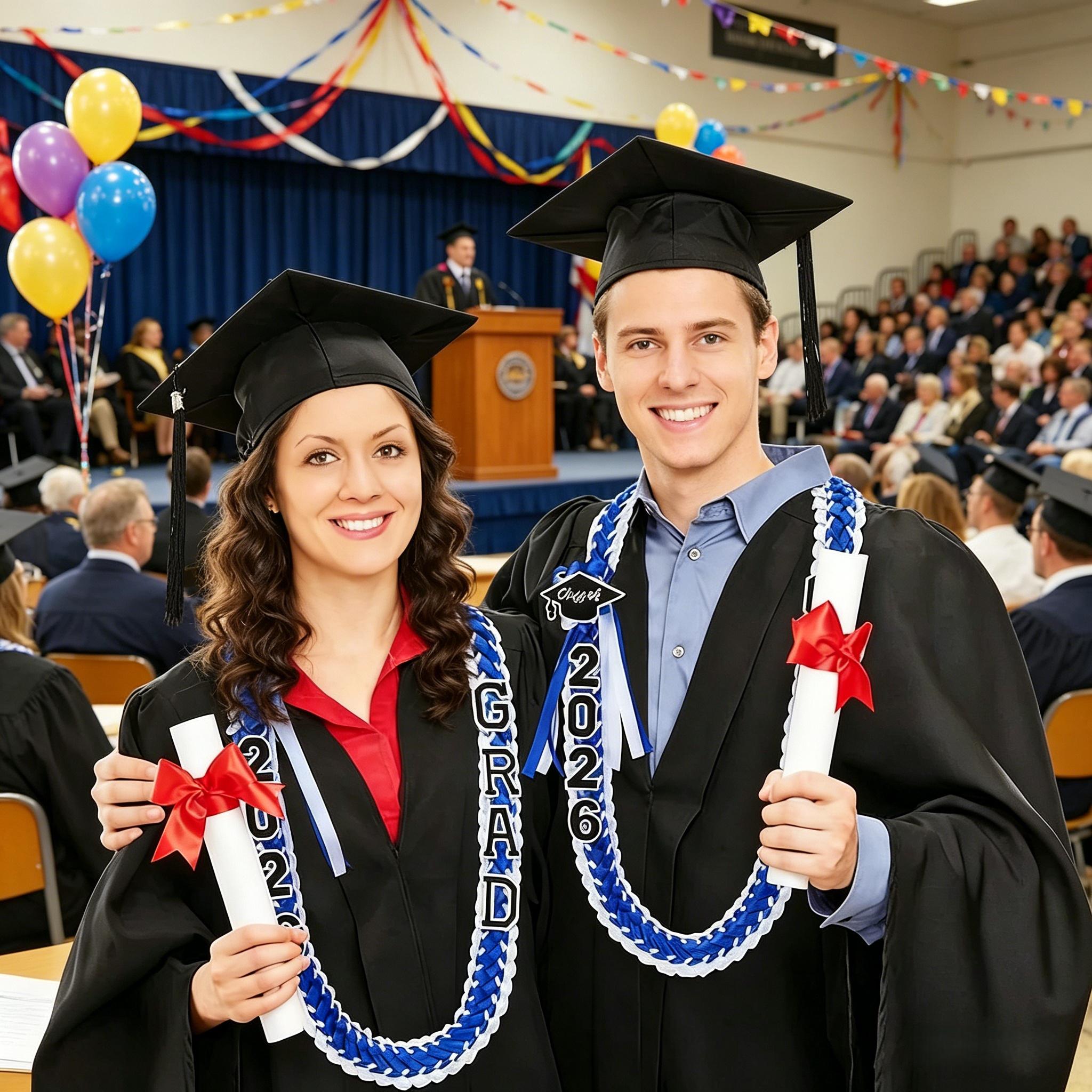2026 Graduation Leis Grad Ribbon Double Braided Necklace with Graduation Cap 2026 GRAD Patches Handmade Leis Accessories Gifts for Graduates Senior College Students Daughter Son Friends for Graduation Ceremony Party Prom Celebration