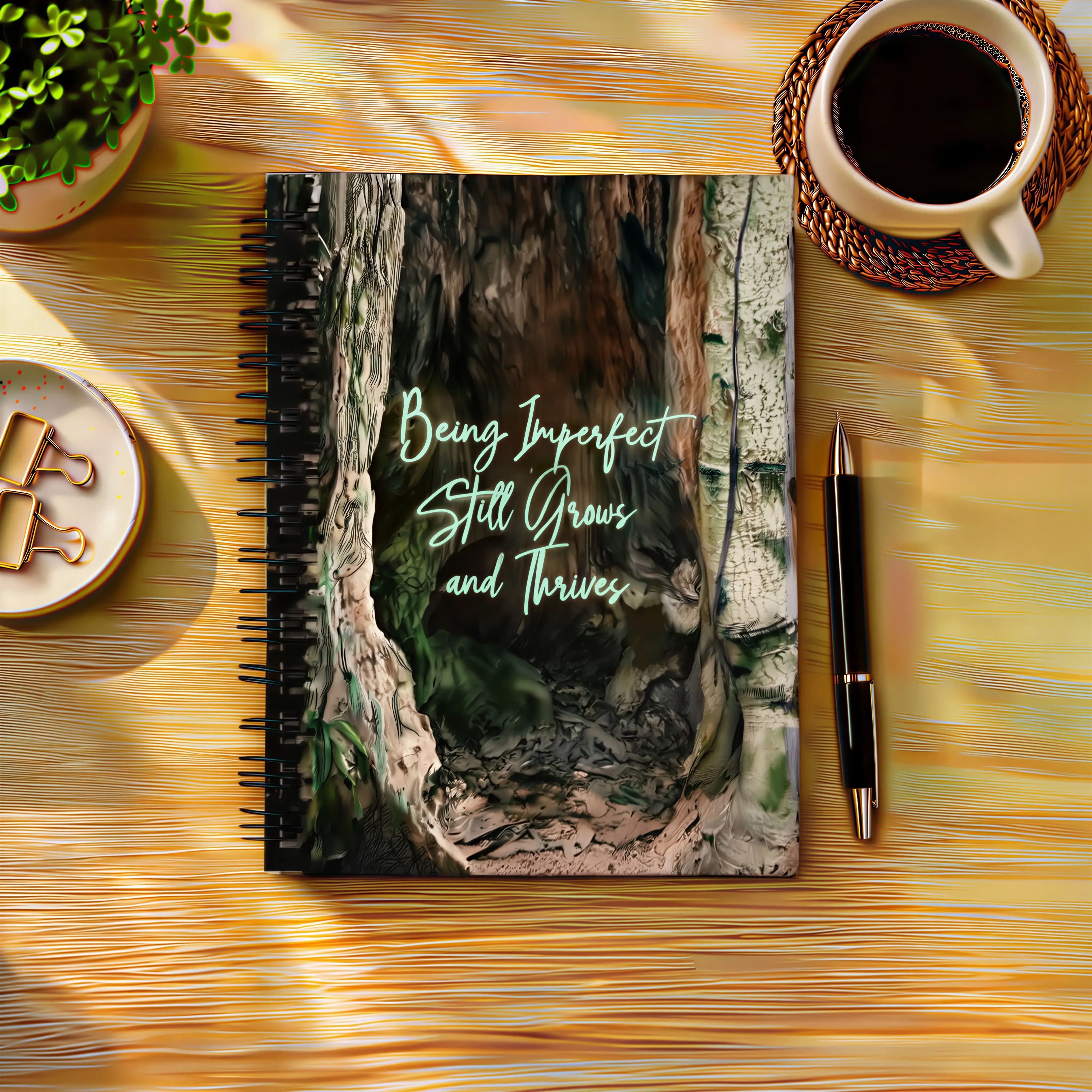 Costa Rica Rainforest "Being Imperfect Still Grows" Spiral Journal — Ancient Tree Cave Nature Notebook, Self-Love Mental Health Gift