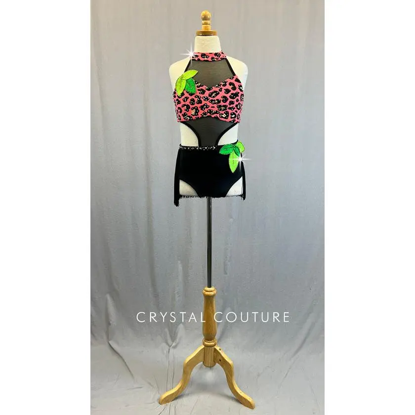 Custom Coral & Black Leopard Print Leotard with Mesh Inserts and Fringe Back Skirt - Rhinestones