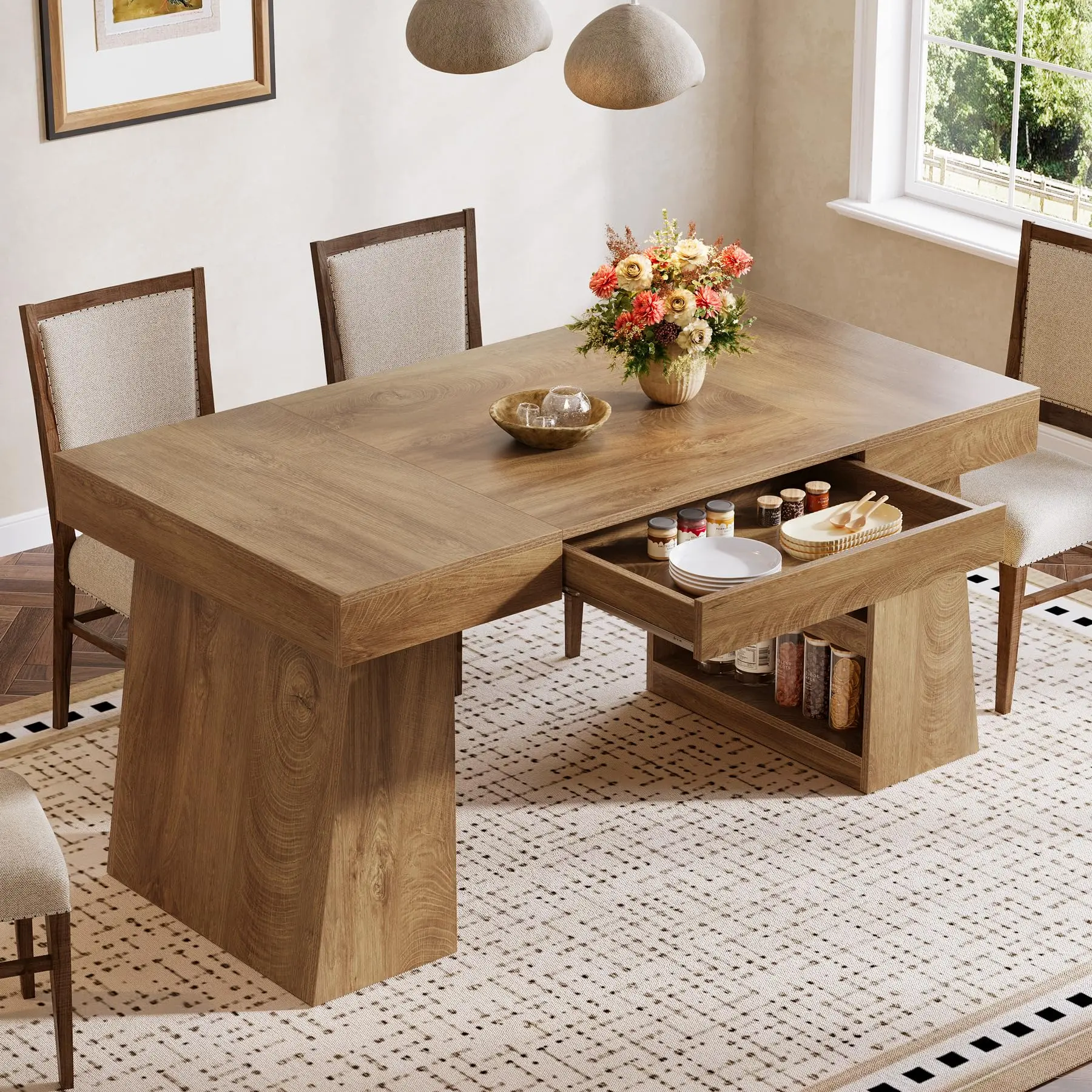Tribesigns 55-Inch Dining Table with Storage for Kitchen, Farmhouse Style for 4-6 People, Brown