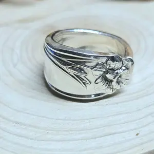 Daffodil Spoon Ring 1950 Upcycled Silver Floral Design Unique Vintage Jewelry