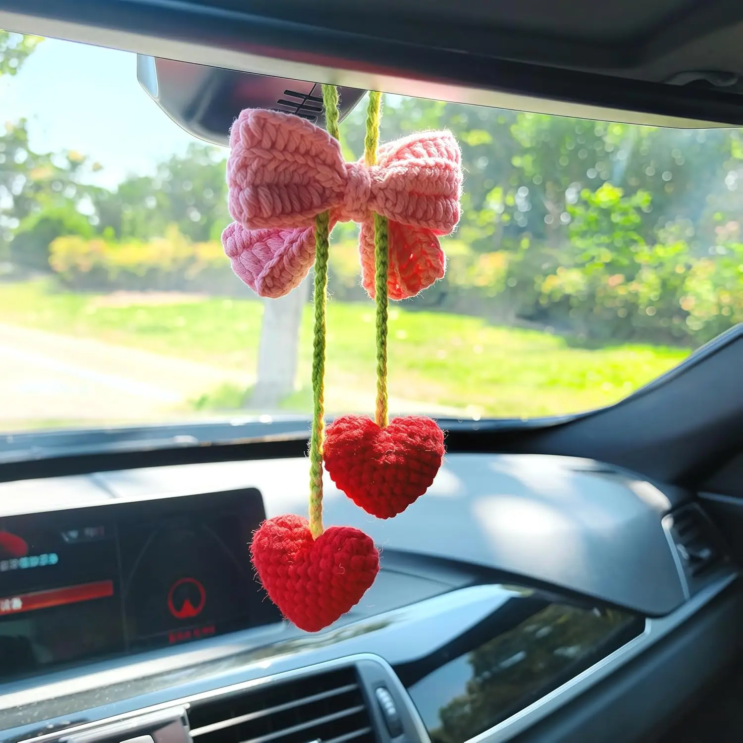 Cute Bowknot Love Car Mirror Hanger, Crochet Hand Knitted Rear View Mirror Accessory