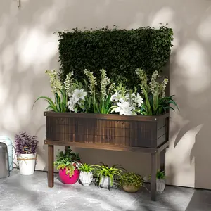 Elevated Wood Planter with Trellis for Climbing Plants, Raised Garden Bed with Legs and Drainage Holes, Carbonized