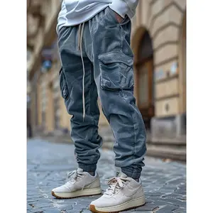 Men's Corduroy Cargo Pants, Drawstring Waist, Casual Jogger, Breathable Cotton, Solid Color, Comfortable Menswear Trouser Beige Pocket