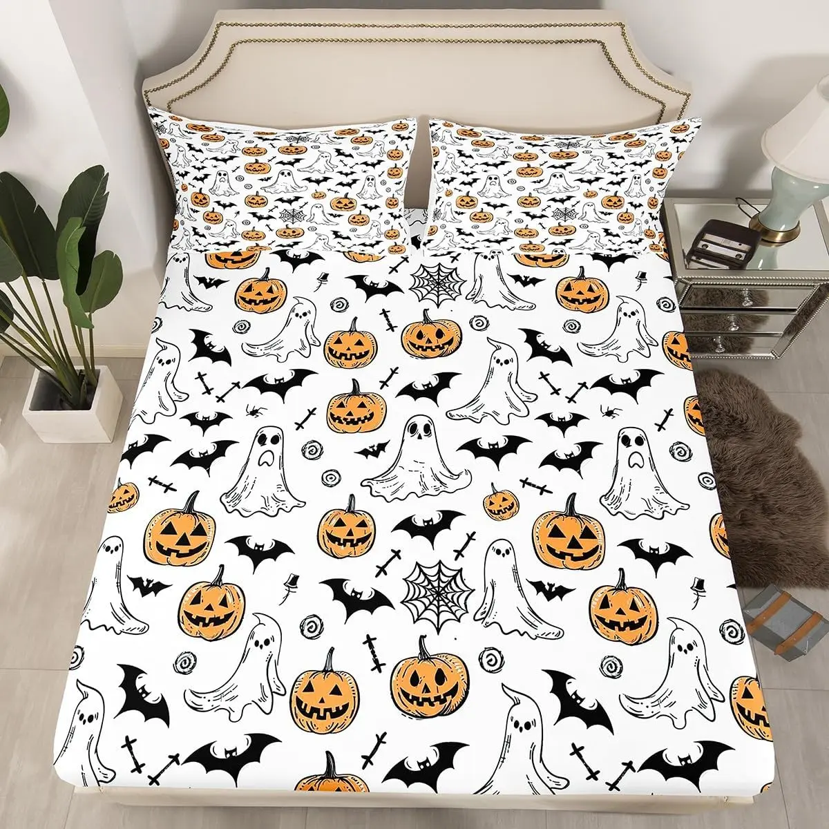 Feelyou Halloween Themed Printed Fitted Sheet Set - 5D Artistic Character Covers Fitted Sheets, Pumpkin, Spider & Ghost Patterns, White Bedding for Teens, Room Decor Linens, Printed Fitted Sheets