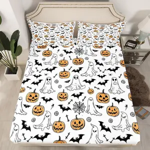 Halloween Fitted Sheet for Boys Girls Teens,Spiders Ghosts Bed Sheet Set,Pumpkin Bed Cover,Room Decor White