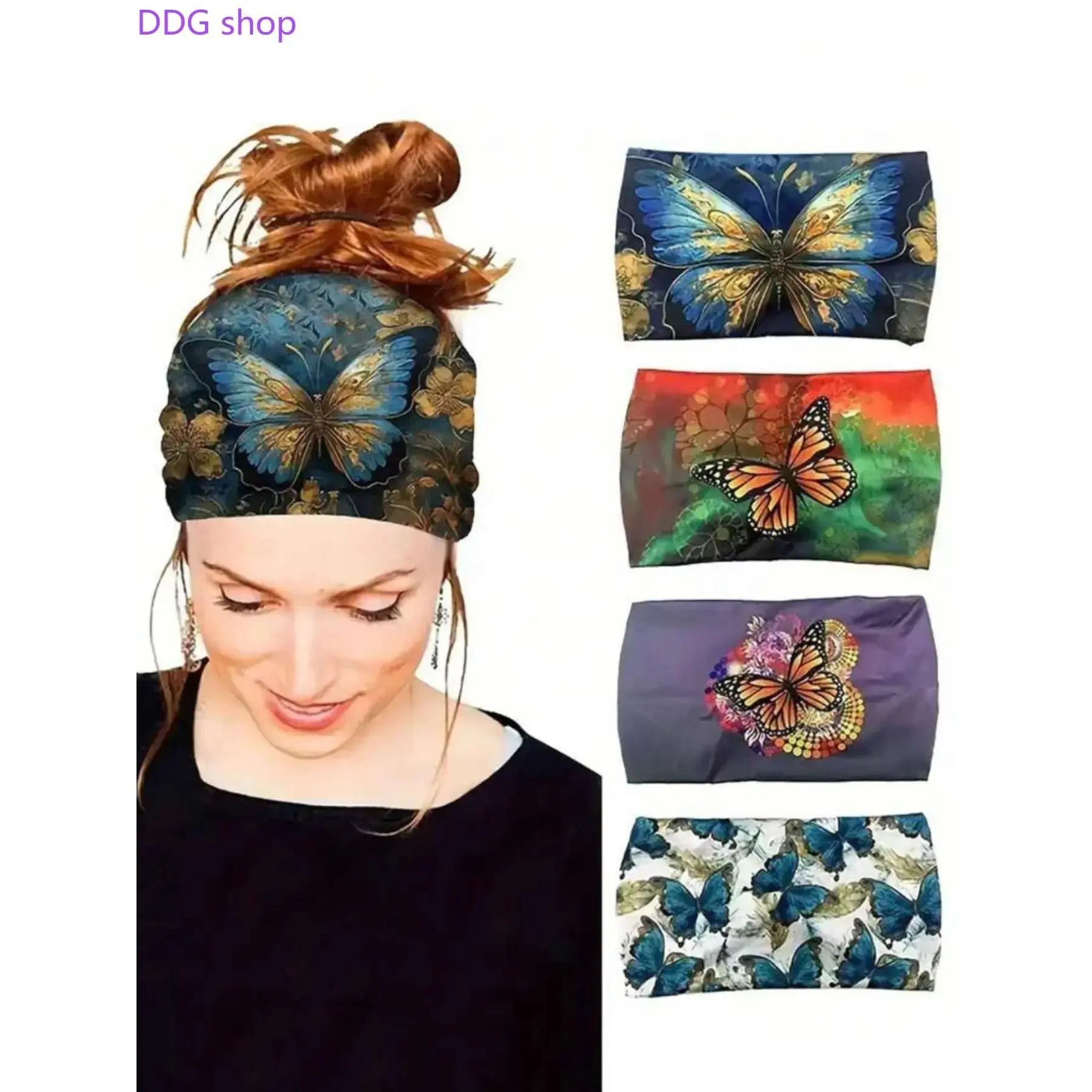 4Pcs Boho Butterfly Print Wide Headbands for Women, Elastic Non-slip Hair Wraps, Floral Stretchy Headbands for Yoga, Sports, Travel & Daily Wear, Fashion Accessories