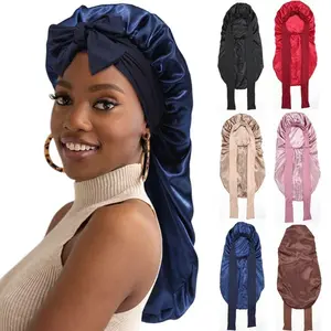 Solid Color Double-Layer Long Satin Bonnet Sleep Cap Adjustable Care Night Sleeping Cap for Women Braids Curly Hair Wrap with Tie Band for Daily Use