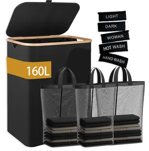 Foldable Premium Bamboo Laundry Hamper 160L 3 Breathable Mesh Bags Dirty Clothes Storage Organizer for Dorm Home Bedroom Laundry Organization
