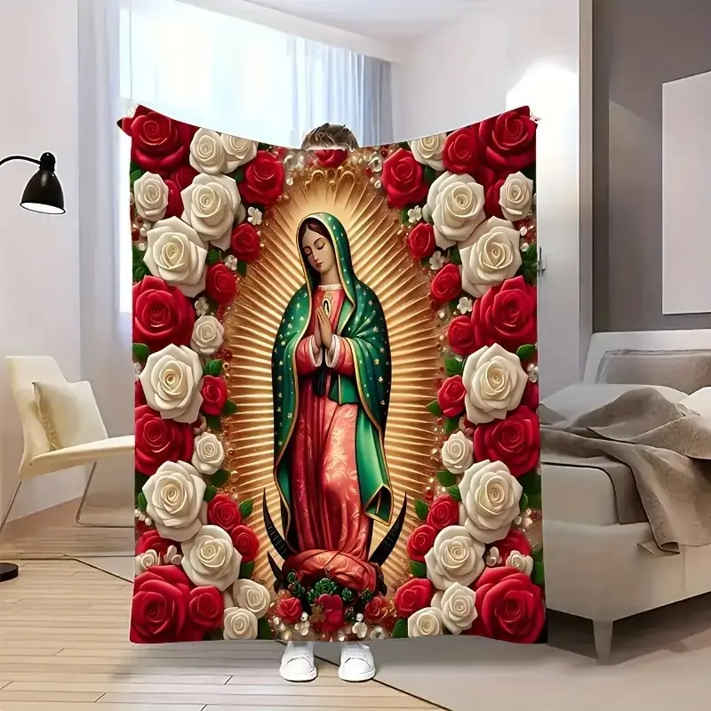 Vintage Virgin Mary Floral Design Blanket - Polyester Fiber, Tear-Resistant Plush, Vibrant Red, Guadalupe Illustration, Mexican Themed Home Decor  , Traditional Mexican Blanket for Catholic Theme, Floral Design Blankets, Mexican Themed Blanke religious