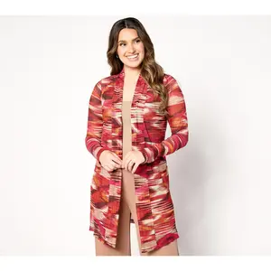 Susan Graver Petite Printed Pleated Mesh Drape Front Cardigan