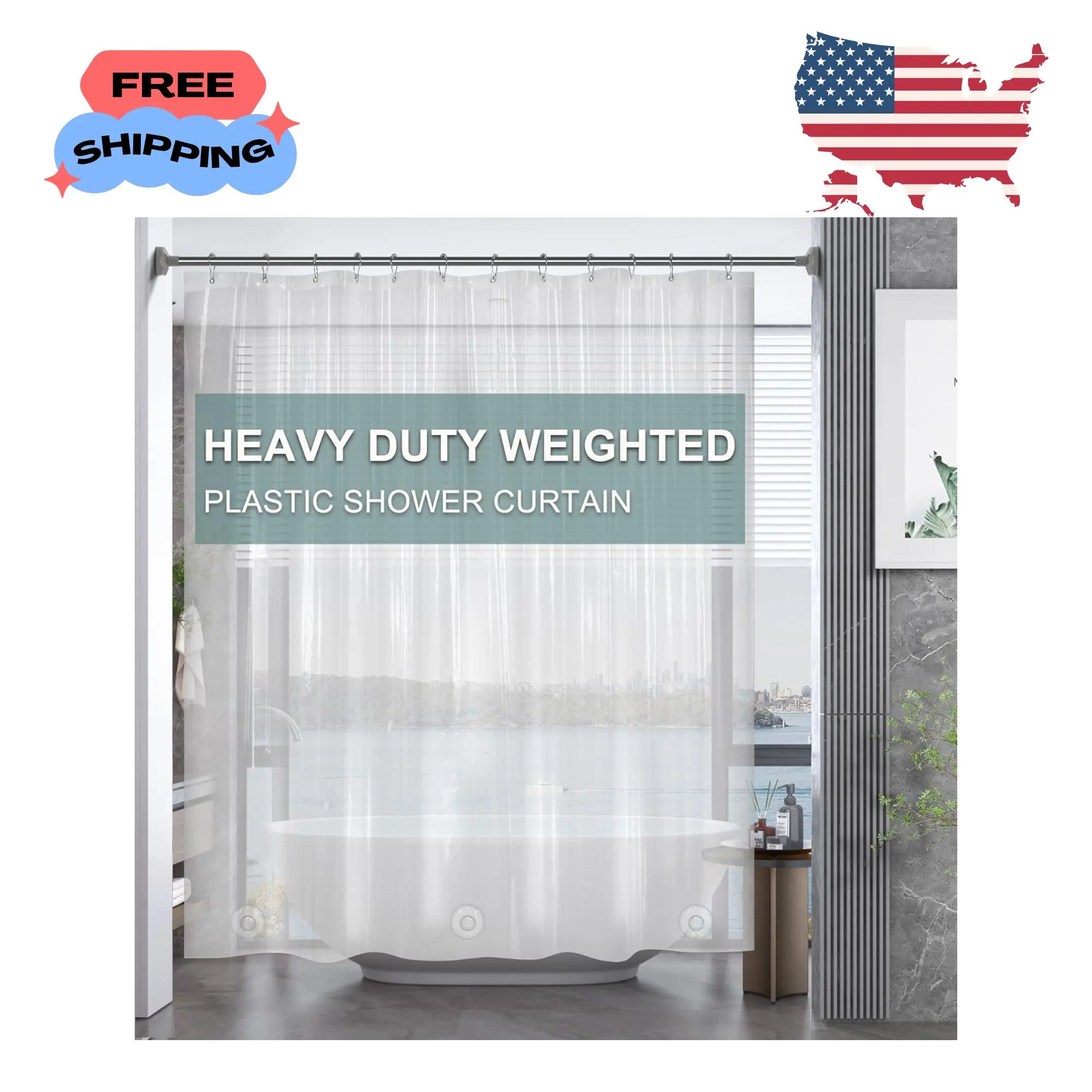 Plastic Shower Curtain Clear Premium PEVA, Clear 72x72 Inches