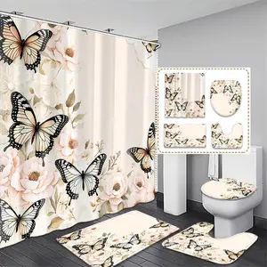 Butterfly Pattern Bathroom Decor Set, 1 Set Including Waterproof Bathroom Curtain & Toilet Lid Cover & Floor Mat & Toilet Lid Cover, Bathroom Decoration Accessories for Home Decor, Shower Curtain Sets