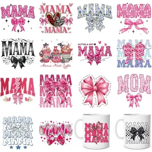 Mom UV DTF Cup Wraps - 16 Sheets Mama UV DTF Wraps for 16 OZ Glass Cups, Pink Bows UVDTF Stickers, Waterproof Rub on Transfer Decals for Water Bottle Mug, Mother's Day Gifts