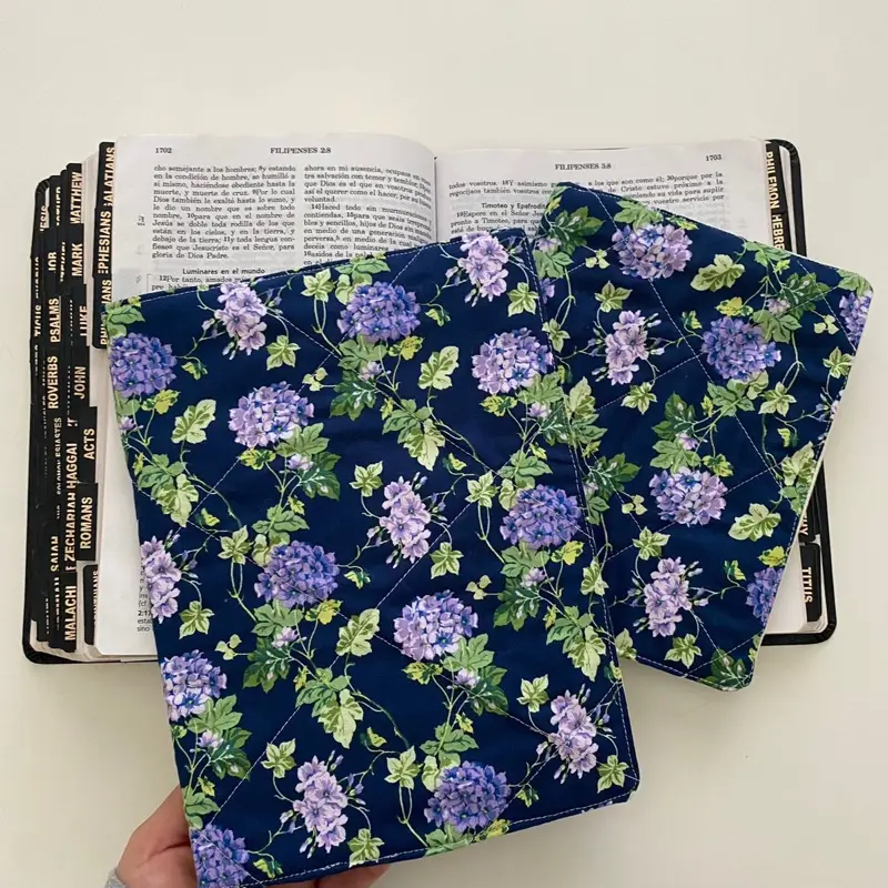 Handmade Quilted Bible Cover - Custom Quilted Bookcover with Floral Design with pockets for pen and notes