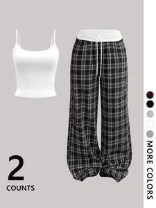 Two-Piece Set Women's Plain Fitted Crop Tank Top & All Over Plaid Print Pants, Casual Fashion Cozy for Daily Outdoor Wear, Ladies Clothes for All Seasons, Suits,Airport Outfit
