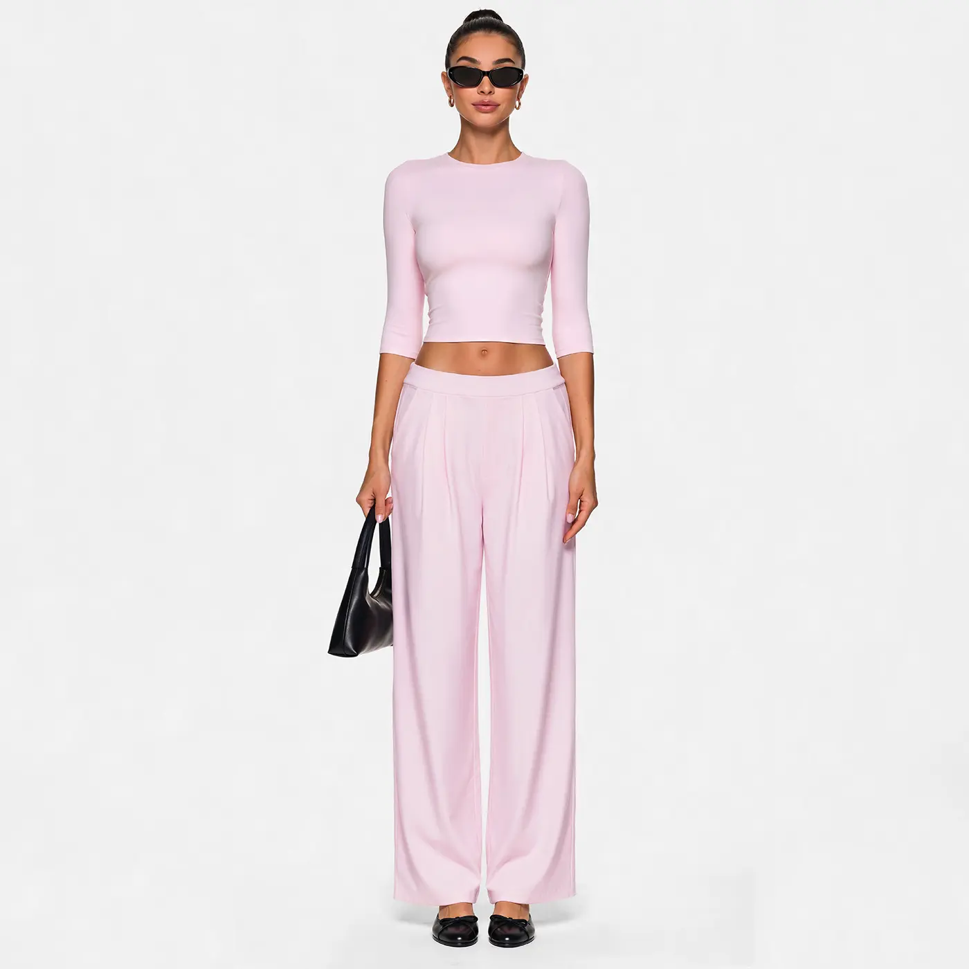 Dr. PEAR 2-Piece Minimalist Sports Clothing Set, Crewneck 3-Quarter Sleeve Short Top + Pleated Wide-Leg Trousers, Refined Commuter Basic