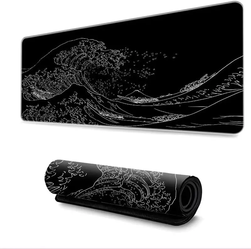 Japanese Sea Wave Gaming Mouse Pad, Anime Gaming Mousepad, Extended Kanagawa Mat Desk Mat, Large Desk pad 31.5x11.8 Inch 2mm Thick Long Non-Slip Rubber Base Mouse Pads (Black)