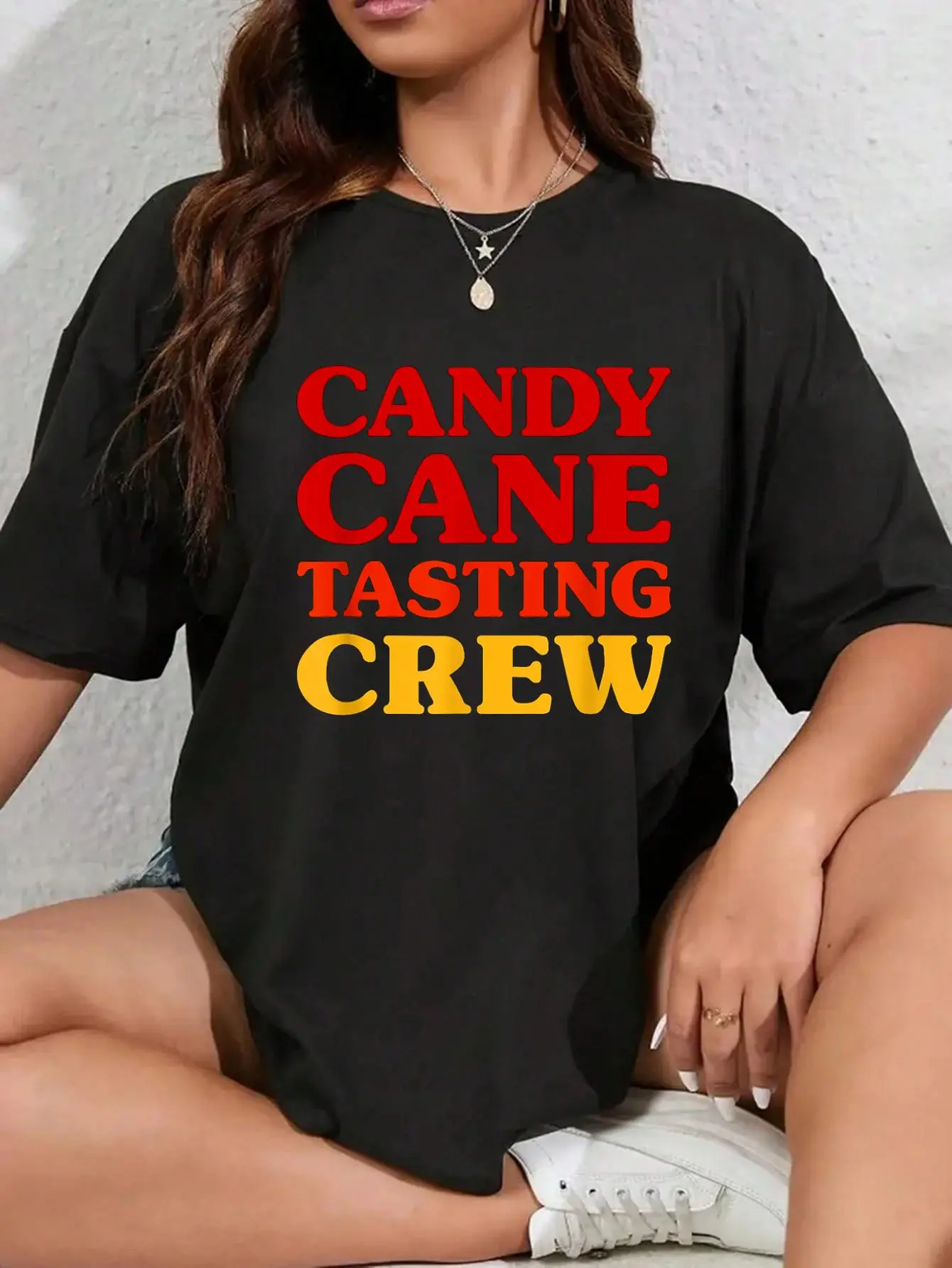 Women's Soft 100% Cotton Round Neck Printed T-Shirt - Unisex Candy Cane "I Love Candy Cane" Funny Food Design, Christmas Happy Snowflake Fun Pattern Top, Tshirt, Fabric, Simple, Casual, Everyday, Unisex Fit