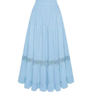 Women's Midi Skirt Boho Flowy Spring Summer Elastic Waist Aline Ruffle Lace Tiered Skirt with Pockets 2025