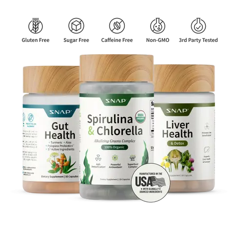 Snap Supplements – Gut Health + Spirulina & Chlorella + Liver Health Bundle – Natural Supplement Capsules – Support Digestive Health, Detox, and Gut Microbiome Balance