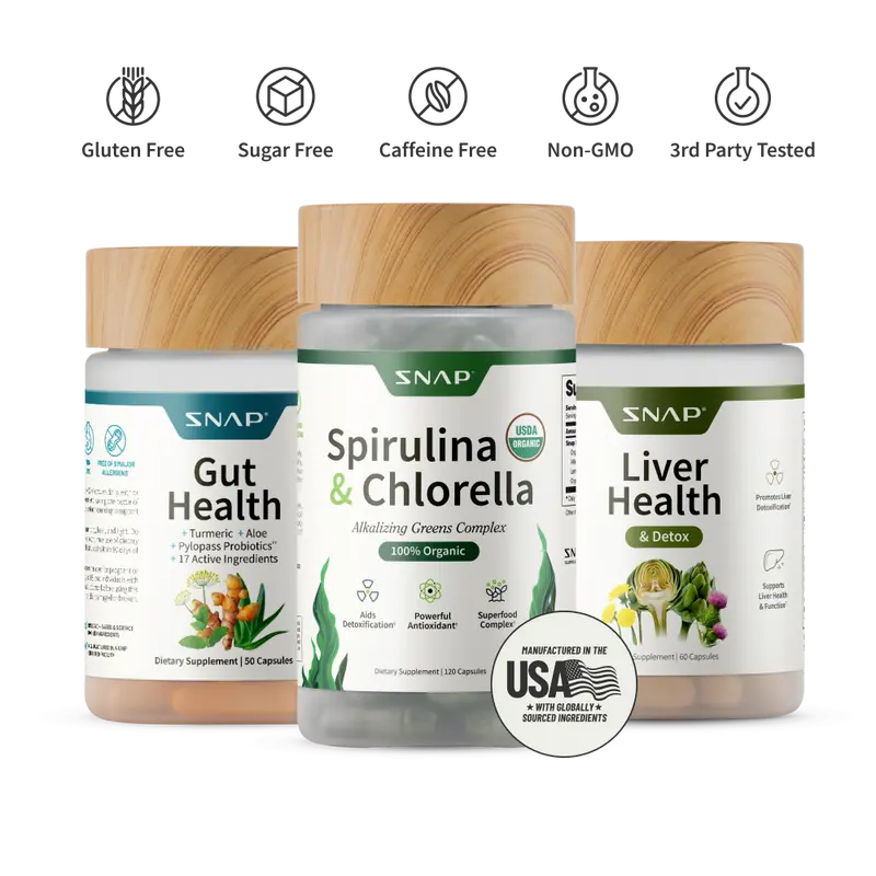Snap Supplements – Gut Health + Spirulina & Chlorella + Liver Health Bundle – Natural Supplement Capsules – Support Digestive Health, Detox, and Gut Microbiome Balance