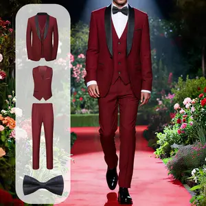 Men's 4-Piece Shawl Lapel Tuxedo Set, Blazer Vest Pants & Nany Blue Bow Tie, Burgundy & Navy