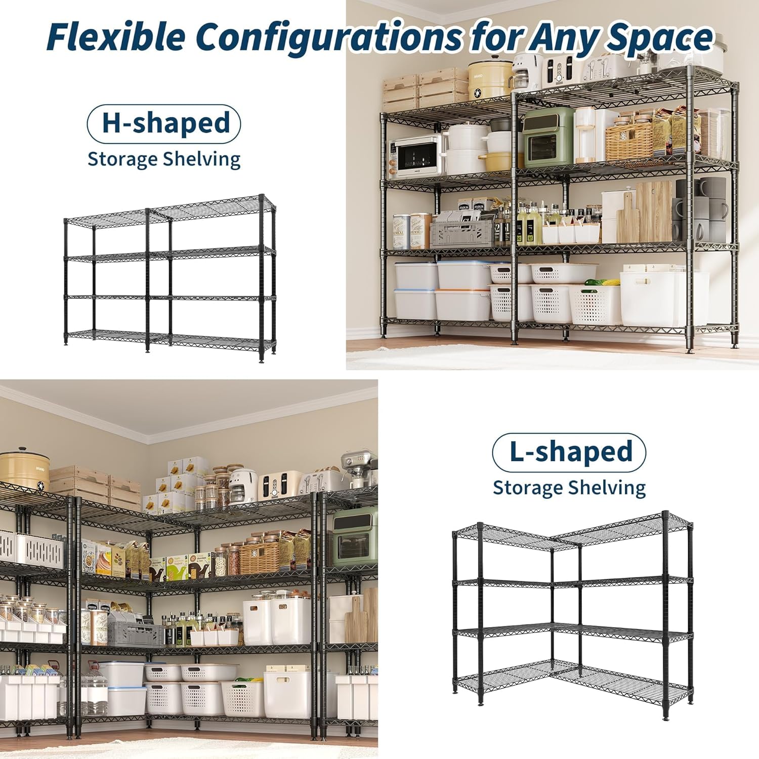 4-Tier Storage Shelves Metal Shelving Unit 13.8" D x 59" W x 59.5" H, 1060 LBS Heavy Duty Wire Shelving, l-Shaped Storage Rack with Adjustable Shelf for Home, Pantry & Warehouse