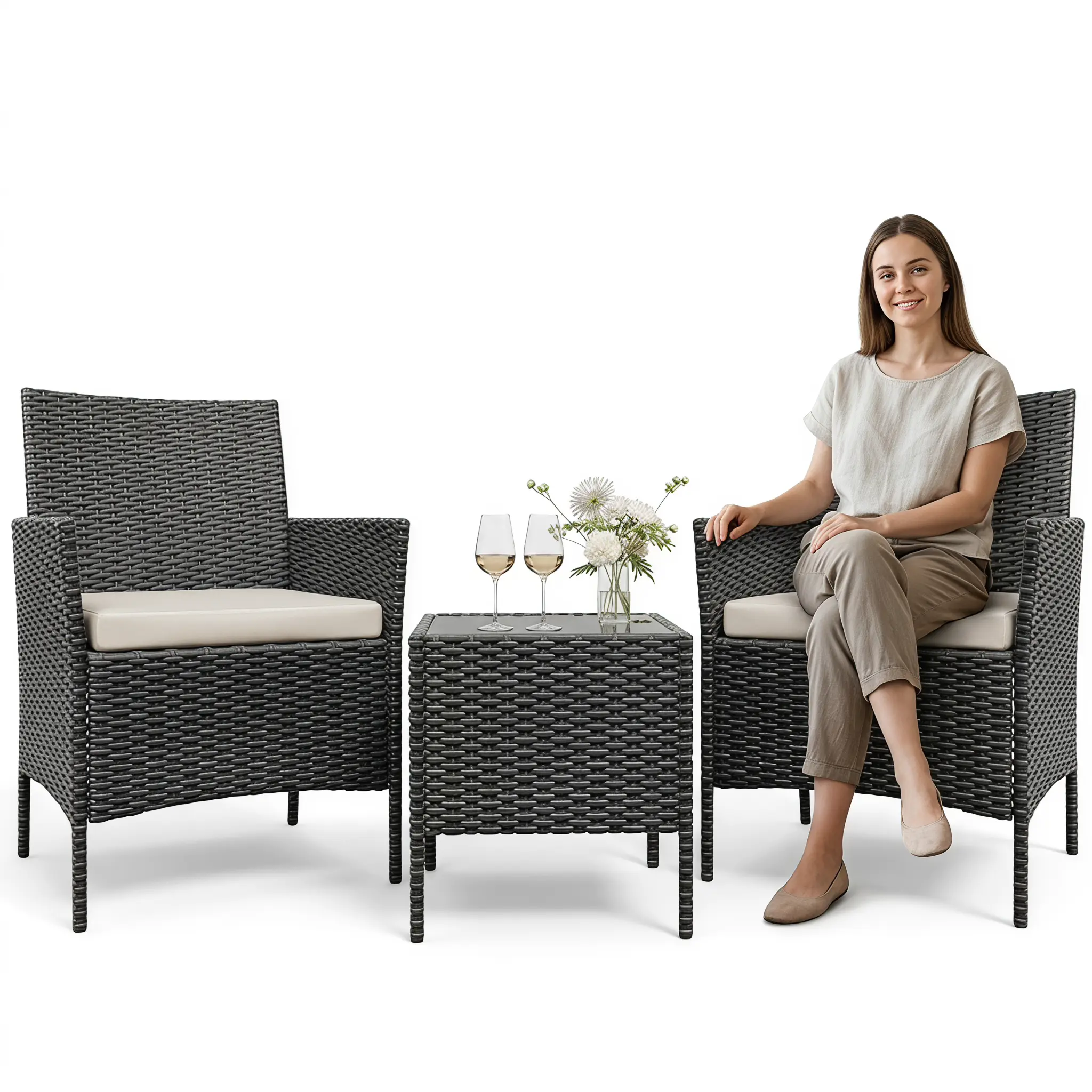 Garvee Modern 3-Piece PE Rattan Wicker Outdoor Bistro Set, 2 Chairs with Coffee Table, All-Weather Conversation Furniture, Space-Saving for Porch, Balcony, Garden, Backyard