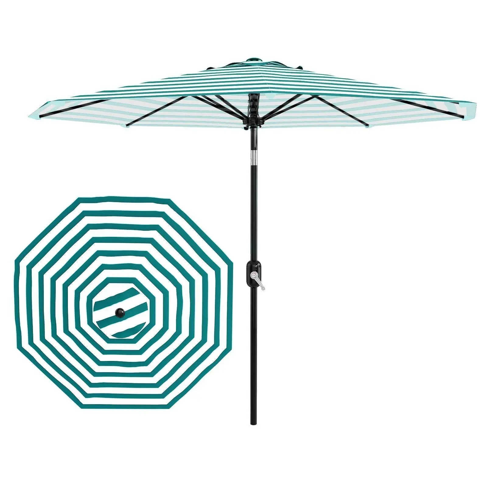 GARVEE 10FT Striped Outdoor Patio Umbrella with 8 Sturdy Ribs, Crank Lift, Push Button Tilt, UV Protection & Waterproof Design for Pool Deck, Yard (Turquoise & White)